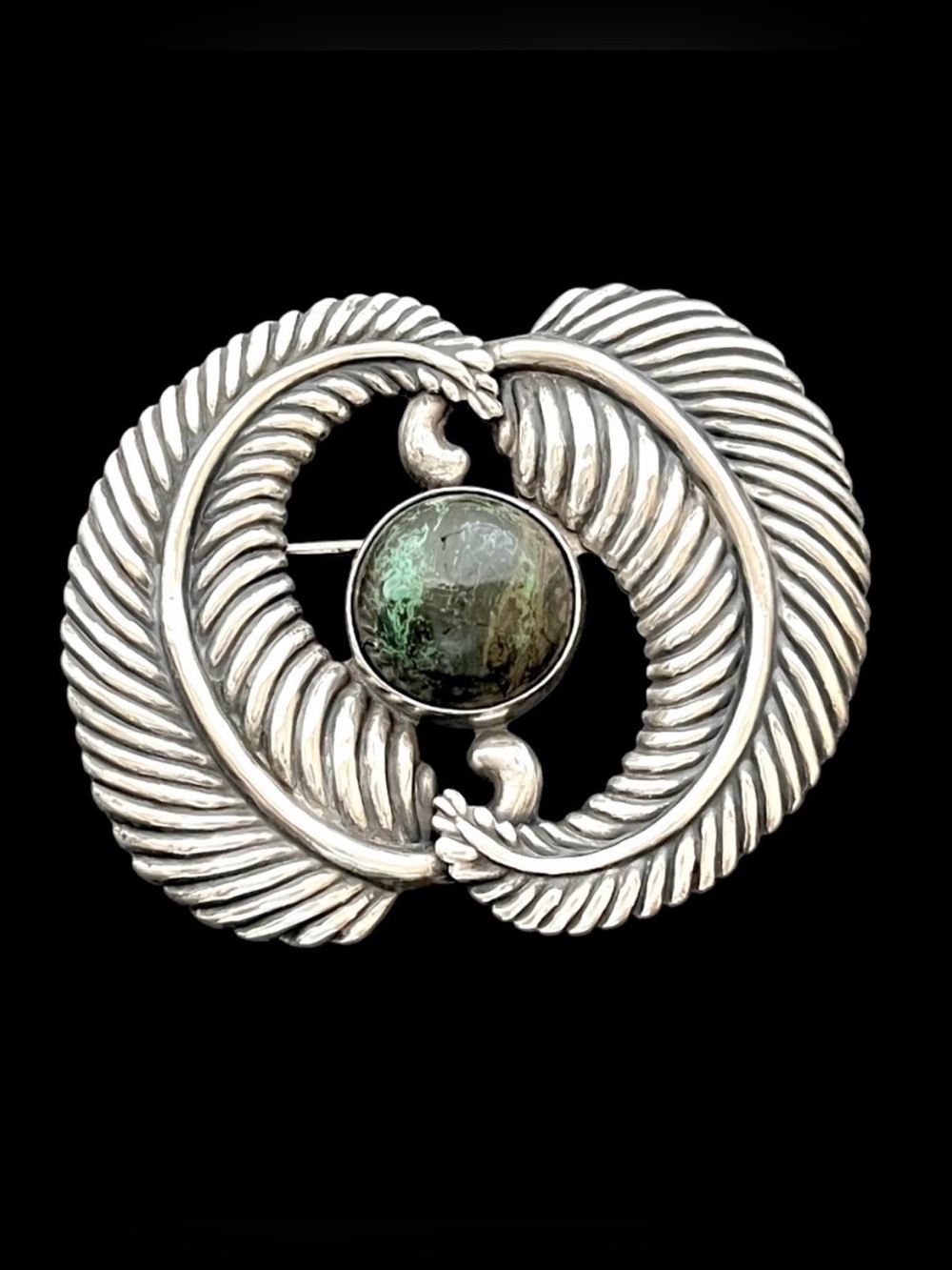 Los Castillo RARE Taxco vintage sterling green stone feather brooch pin